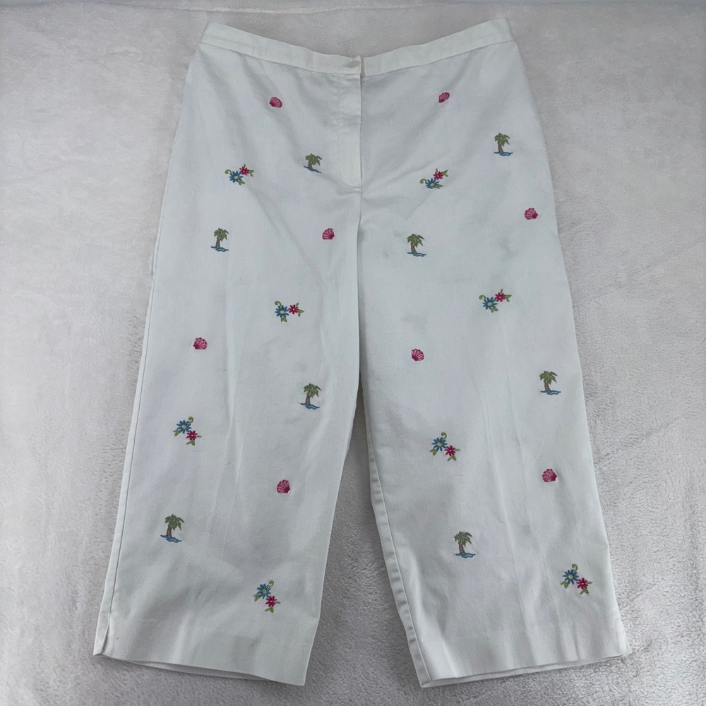Alfred Dunner White Tropical Embroidered Crop Pants Palm Tree Shell Floral 18